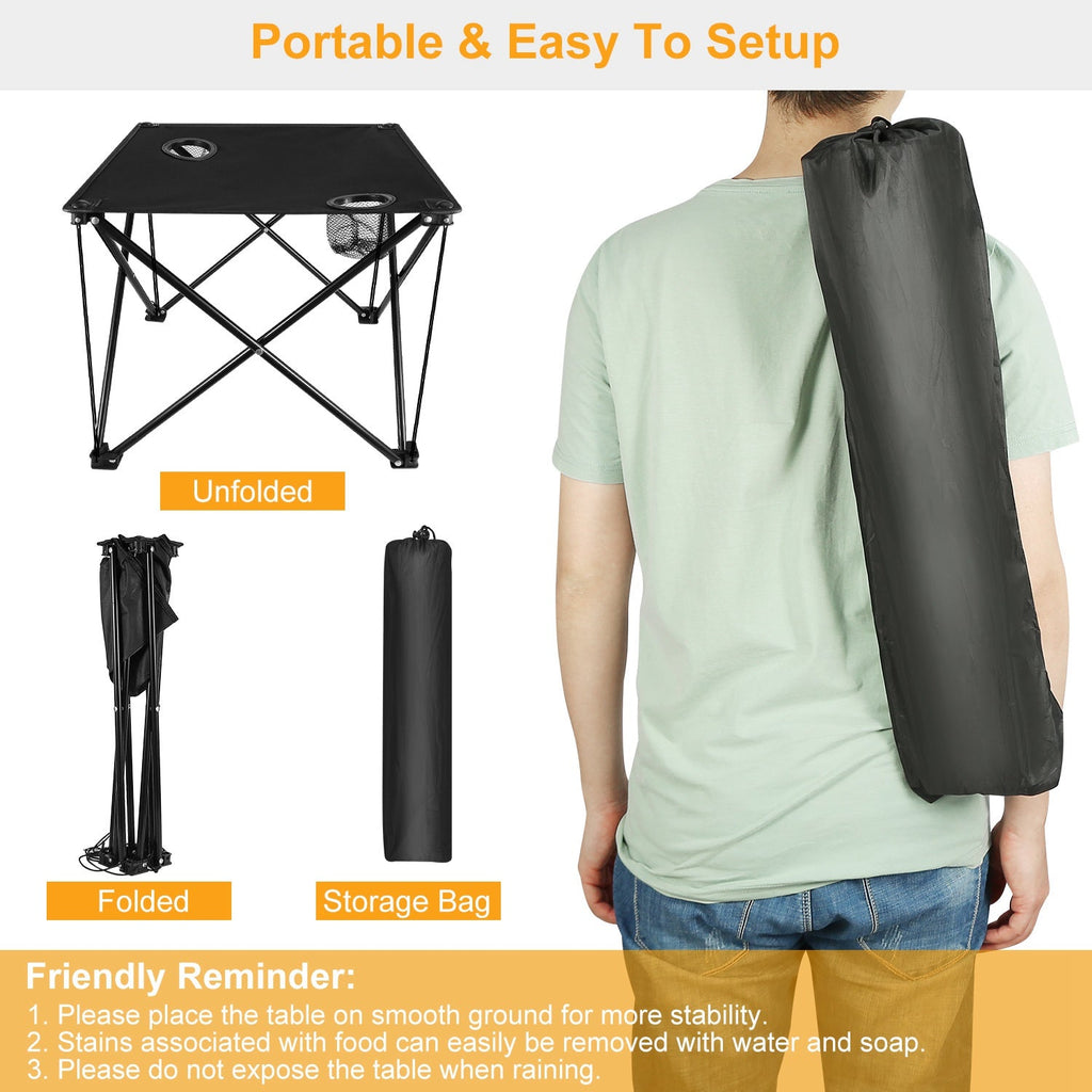Portable Folding Camping Table | 18.5" Square, 44 lb Capacity, 2 Cup Holders & Carry Bag | Lightweight 2 lb | Black - Hippopotamus Barn