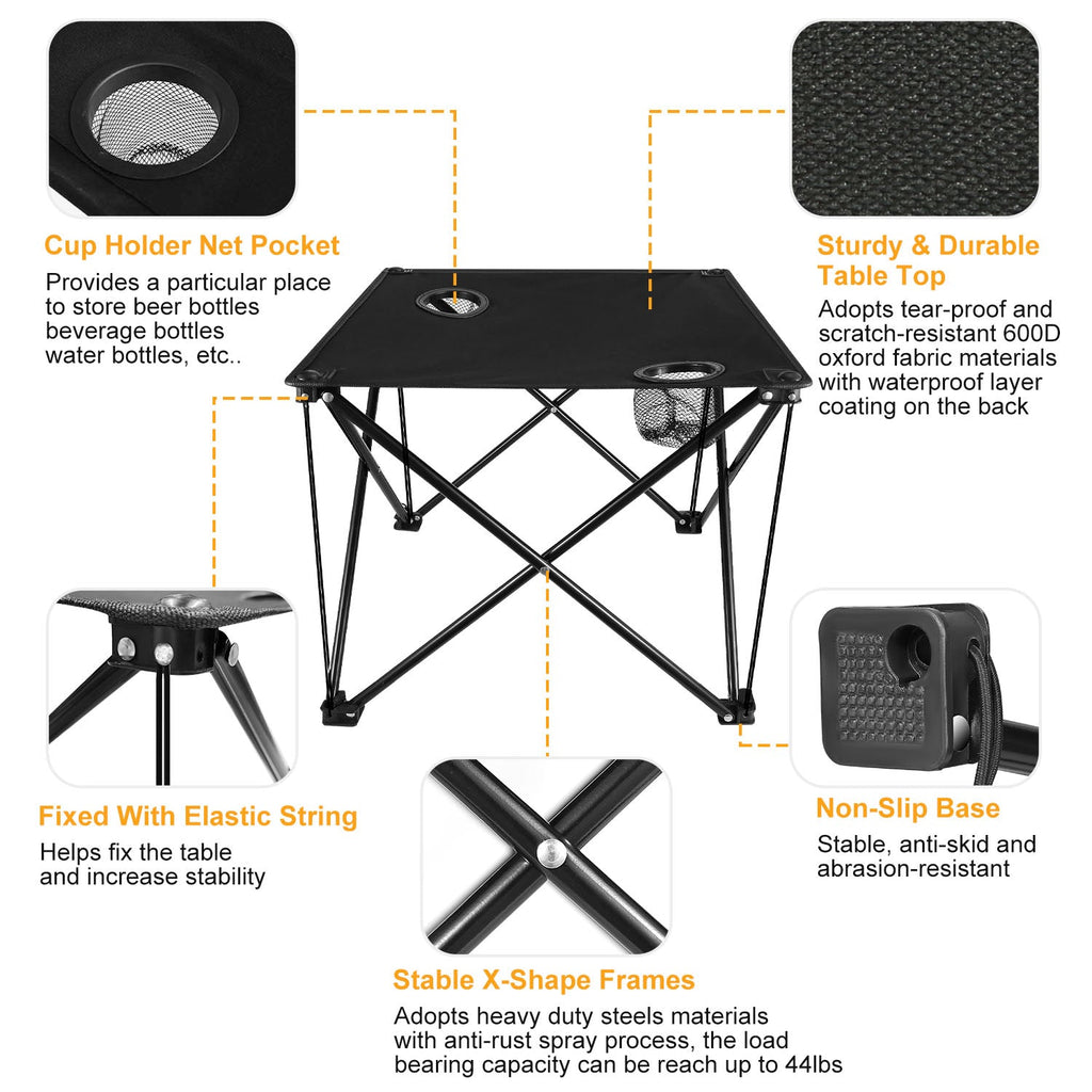 Portable Folding Camping Table | 18.5" Square, 44 lb Capacity, 2 Cup Holders & Carry Bag | Lightweight 2 lb | Black - Hippopotamus Barn