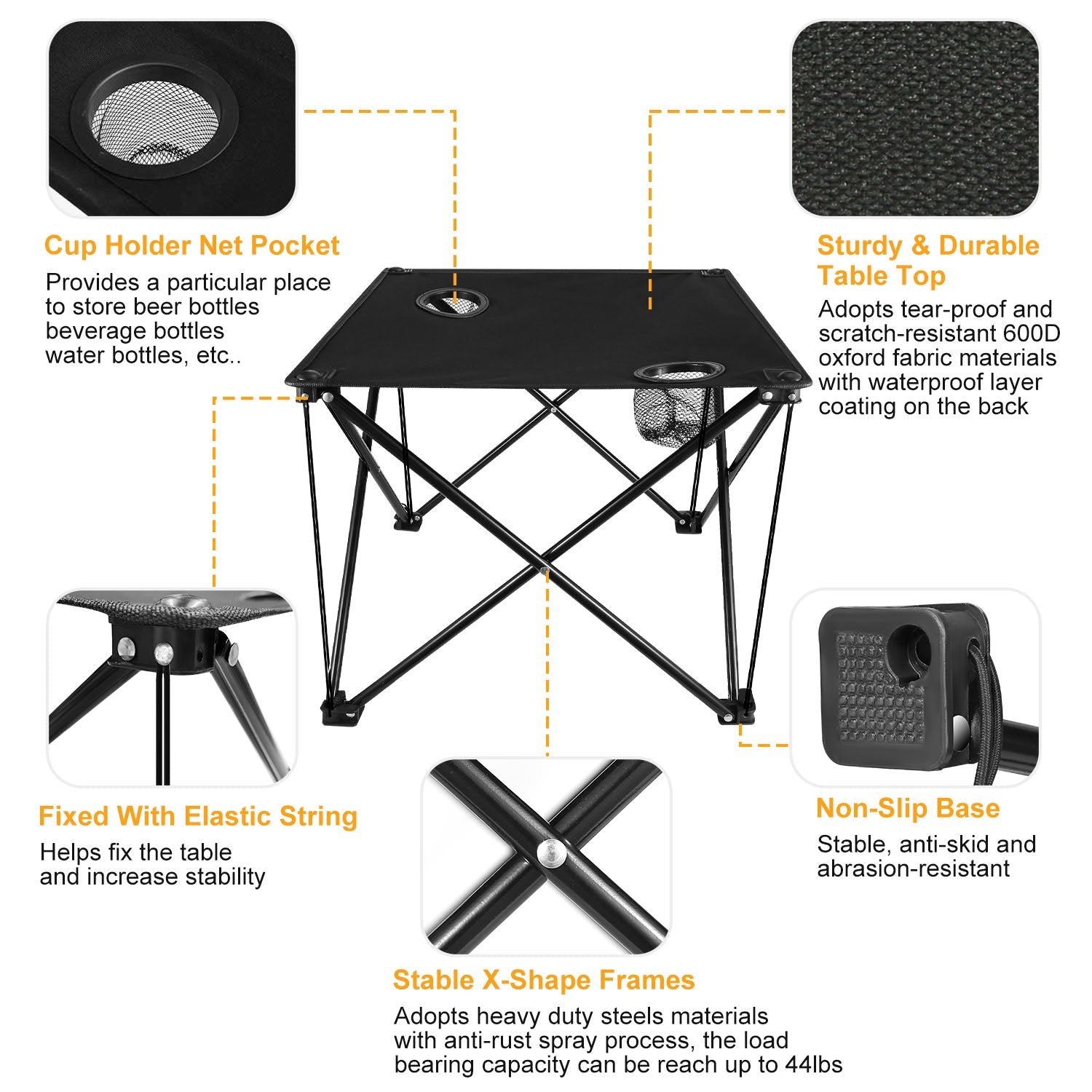 Portable Folding Camping Table | 18.5" Square, 44 lb Capacity, 2 Cup Holders & Carry Bag | Lightweight 2 lb | Black - Hippopotamus Barn