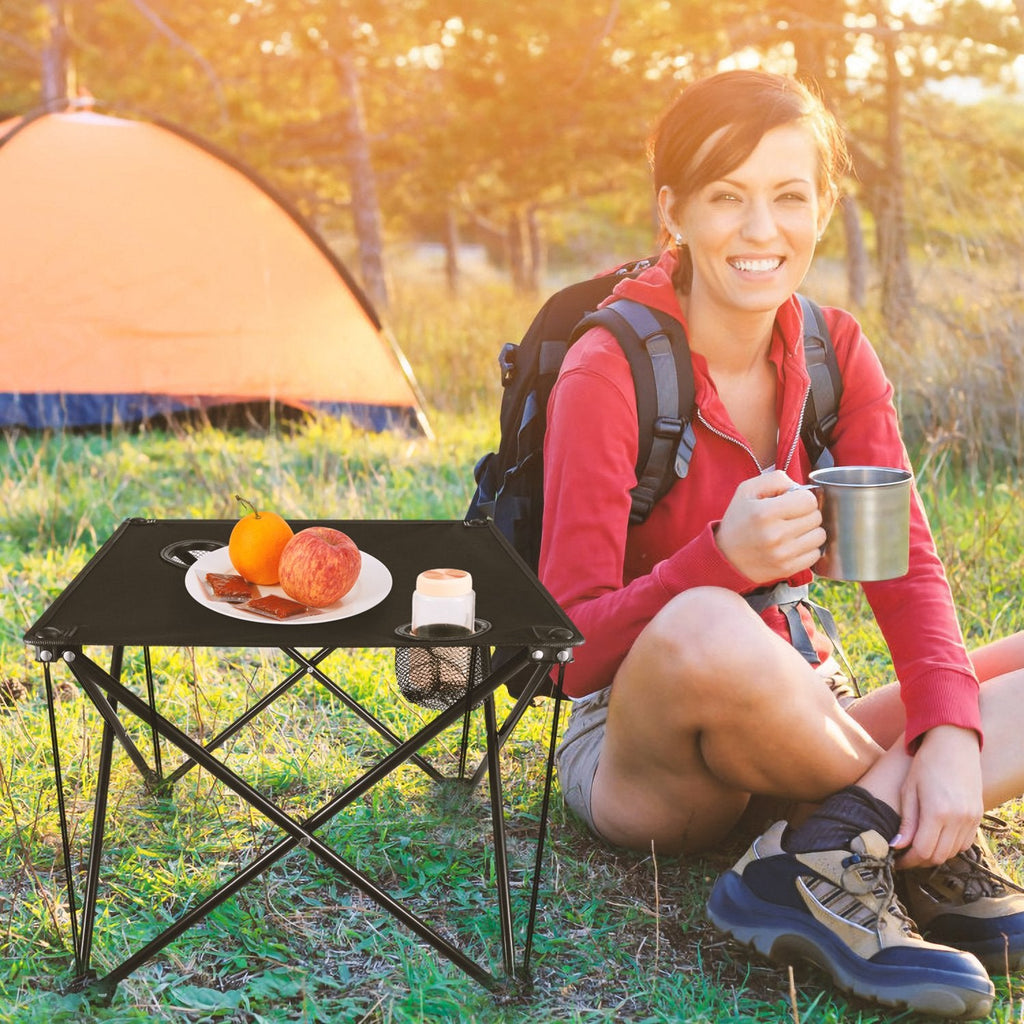 Portable Folding Camping Table | 18.5" Square, 44 lb Capacity, 2 Cup Holders & Carry Bag | Lightweight 2 lb | Black - Hippopotamus Barn
