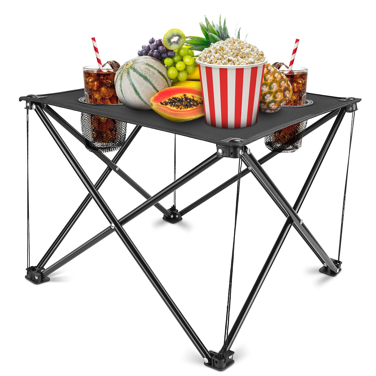 Portable Folding Camping Table | 18.5" Square, 44 lb Capacity, 2 Cup Holders & Carry Bag | Lightweight 2 lb | Black - Hippopotamus Barn