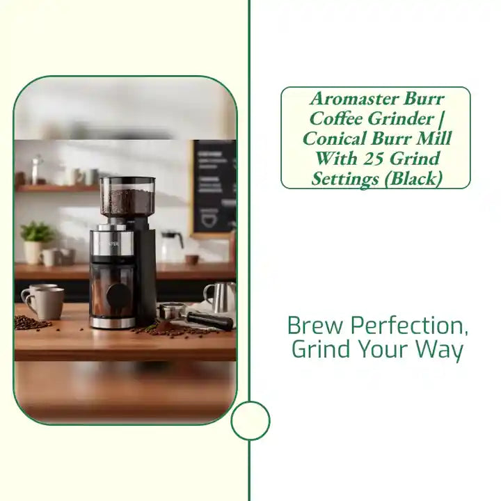 Aromaster Burr Coffee Grinder | Conical Burr Mill with 25 Grind Settings (Black) by@Outfy