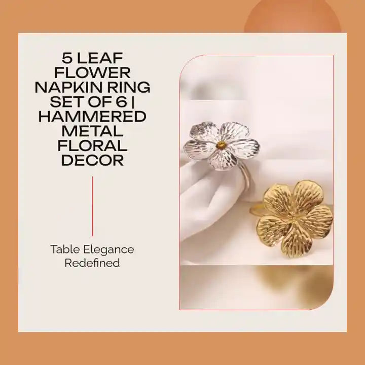 5 Leaf Flower Napkin Ring Set of 6 | Hammered Metal Floral Decor by@Outfy