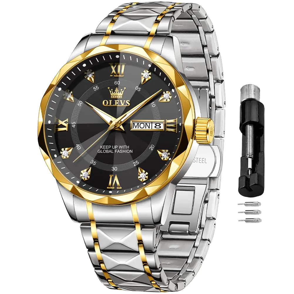 OLEVS Men's Business Luxury Diamond Watch | Two-Tone Stainless Steel Analog Dress Watch