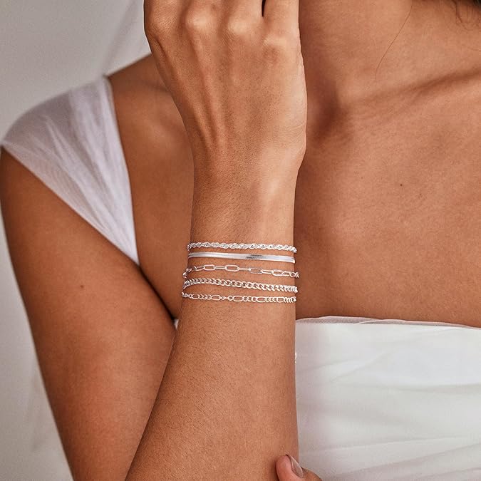 Silver Bracelets for Women - 5 Piece Stackable Set, 14K Plated Adjustable Dainty Jewelry - Hippopotamus Barn
