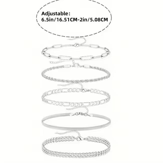 Silver Bracelets for Women - 5 Piece Stackable Set, 14K Plated Adjustable Dainty Jewelry - Hippopotamus Barn