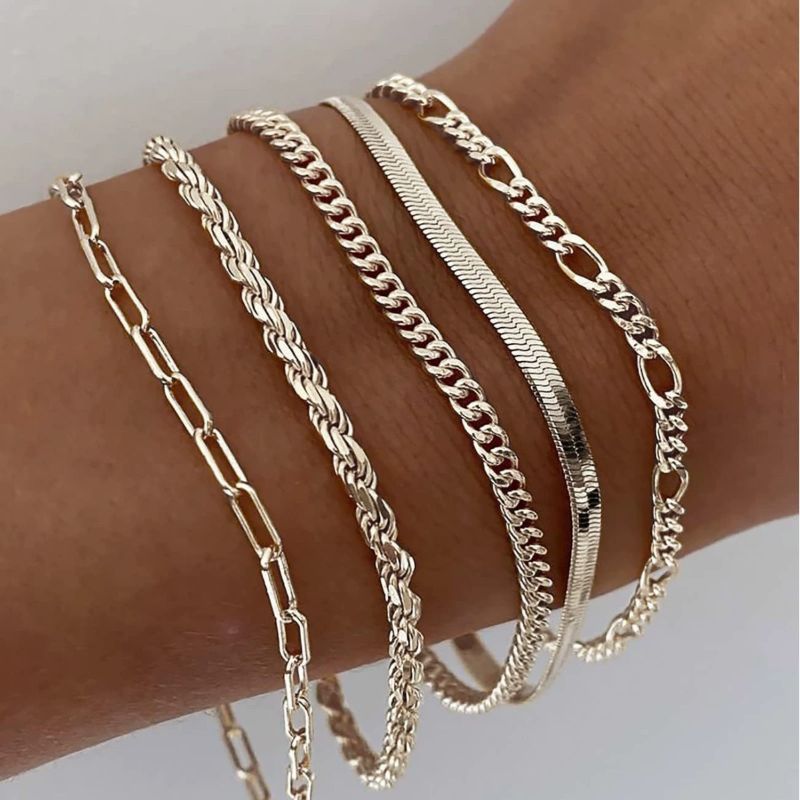 Silver Bracelets for Women - 5 Piece Stackable Set, 14K Plated Adjustable Dainty Jewelry - Hippopotamus Barn