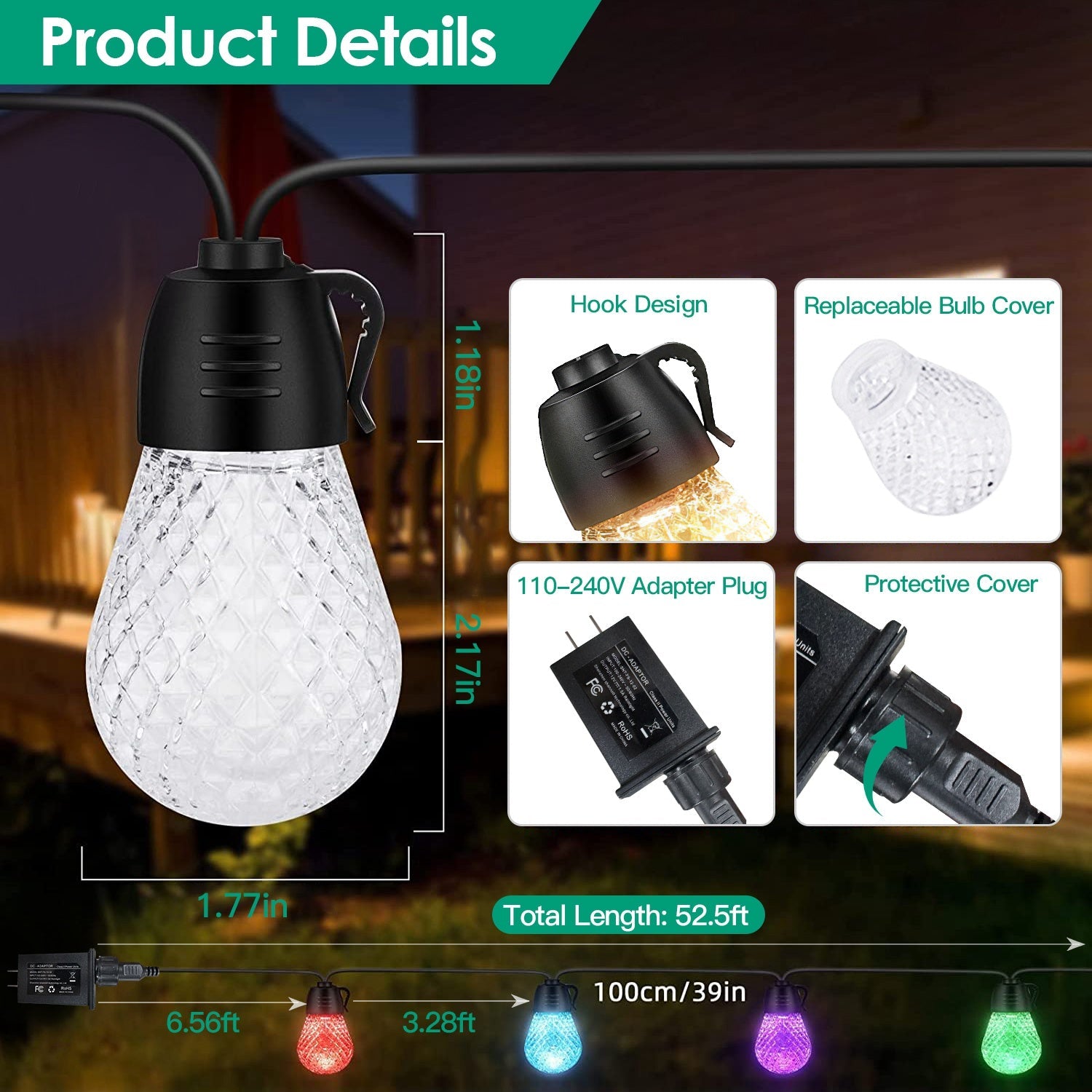 Smart RGB LED String Lights 52.5ft - IP66 Waterproof Outdoor Patio Lights with App & Remote - Hippopotamus Barn