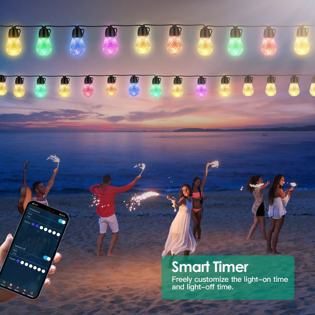 Smart RGB LED String Lights 52.5ft - IP66 Waterproof Outdoor Patio Lights with App & Remote - Hippopotamus Barn