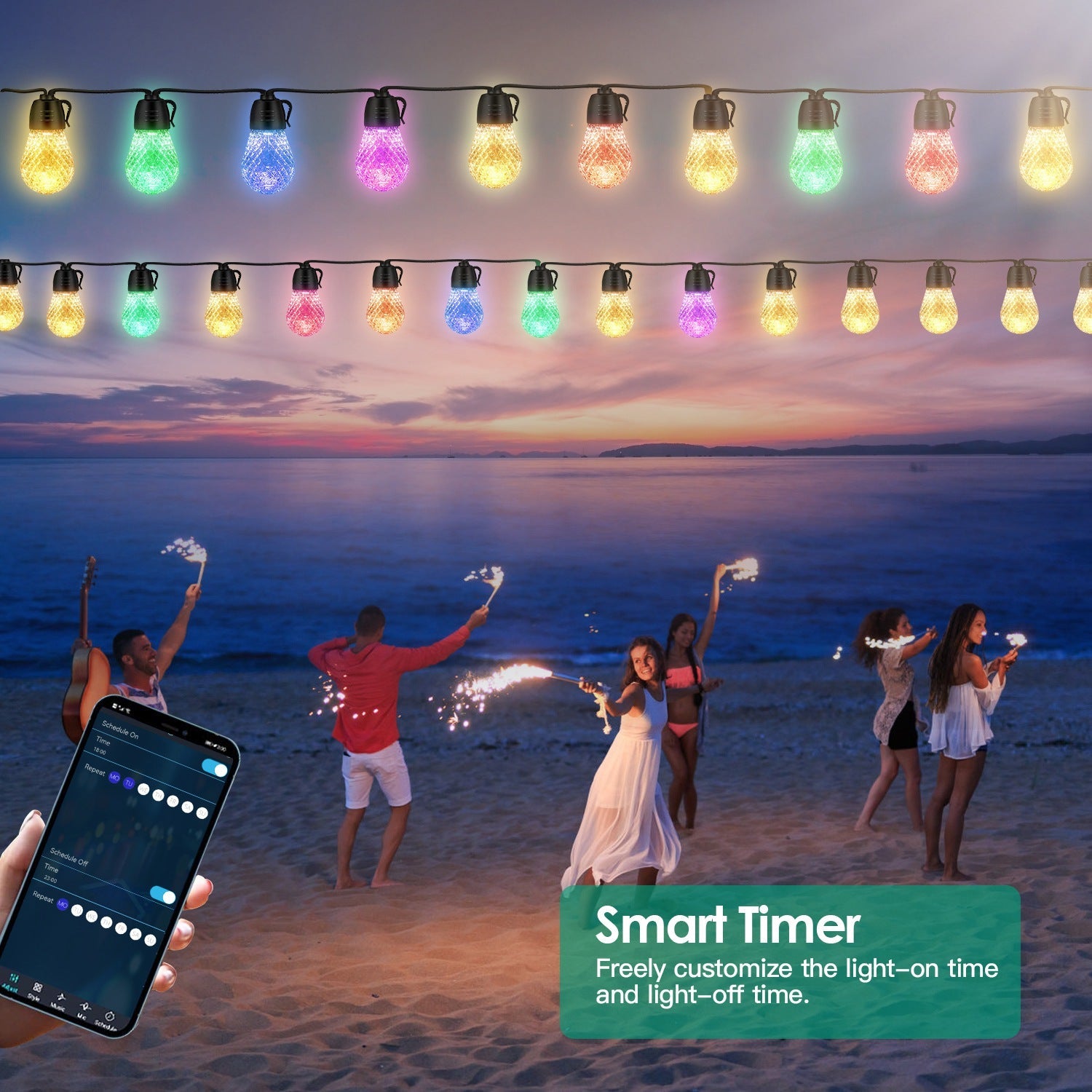 Smart RGB LED String Lights 52.5ft - IP66 Waterproof Outdoor Patio Lights with App & Remote - Hippopotamus Barn