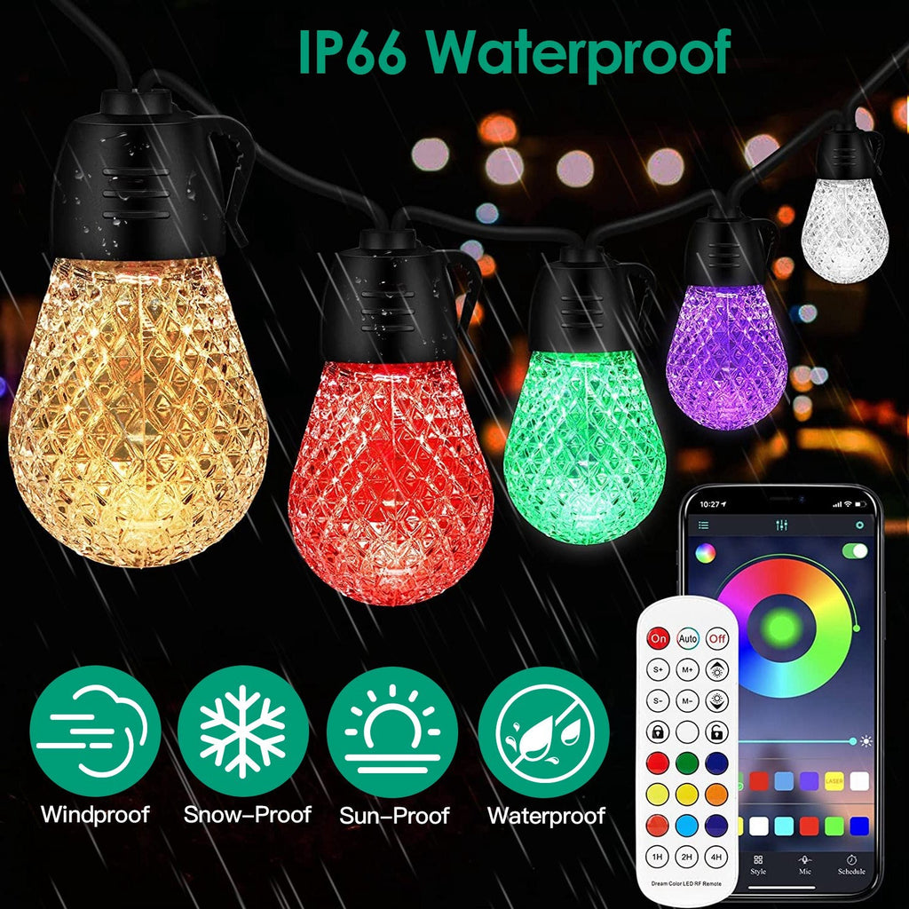 Smart RGB LED String Lights 52.5ft - IP66 Waterproof Outdoor Patio Lights with App & Remote - Hippopotamus Barn