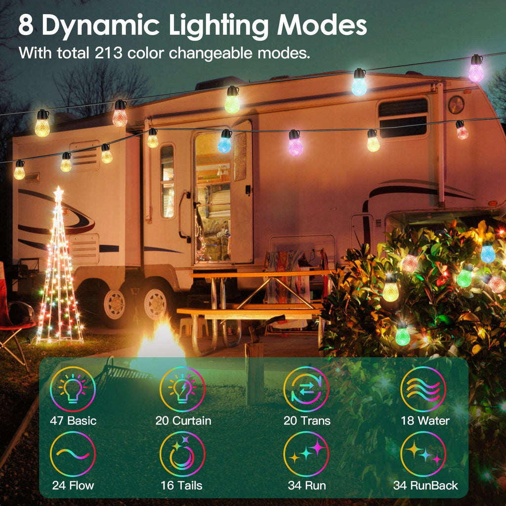 Smart RGB LED String Lights 52.5ft - IP66 Waterproof Outdoor Patio Lights with App & Remote - Hippopotamus Barn