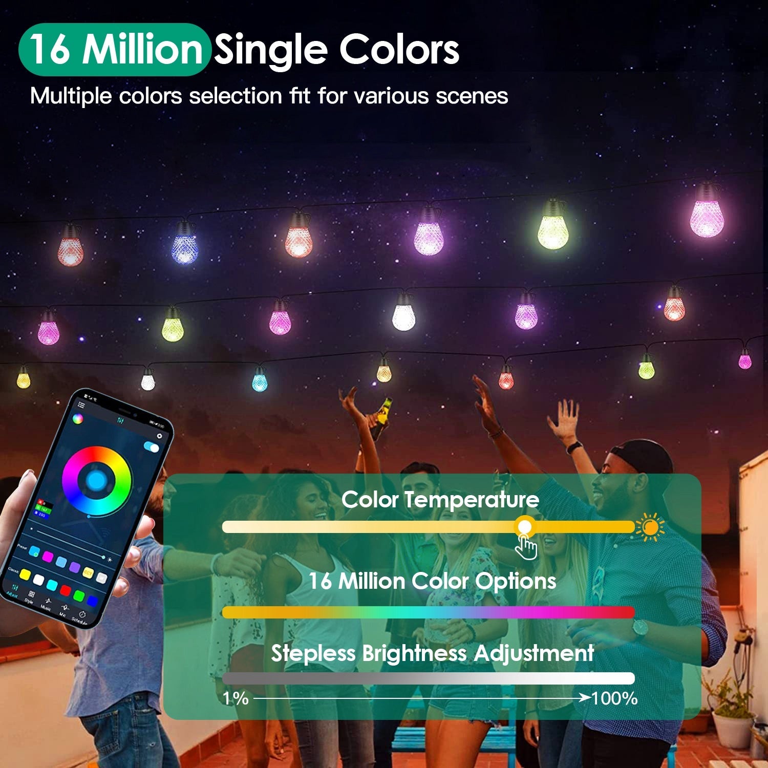 Smart RGB LED String Lights 52.5ft - IP66 Waterproof Outdoor Patio Lights with App & Remote - Hippopotamus Barn