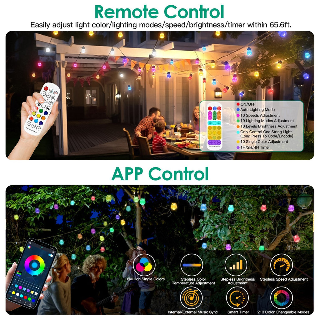 Smart RGB LED String Lights 52.5ft - IP66 Waterproof Outdoor Patio Lights with App & Remote - Hippopotamus Barn