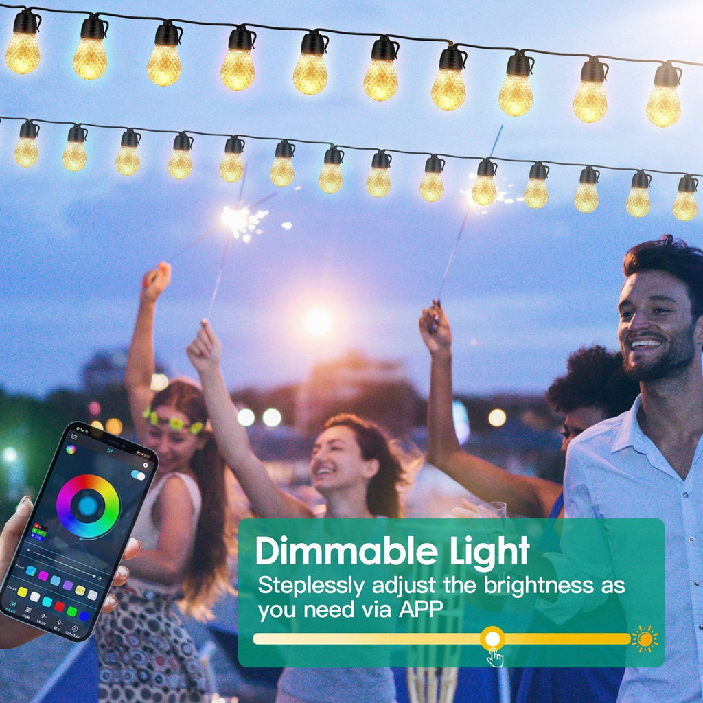 Smart RGB LED String Lights 52.5ft - IP66 Waterproof Outdoor Patio Lights with App & Remote - Hippopotamus Barn