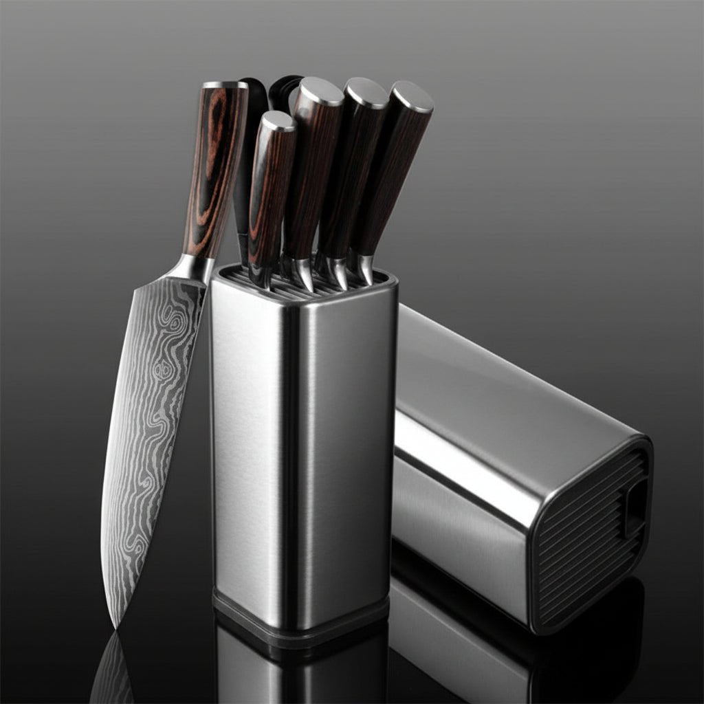 Stainless Steel Kitchen Knife Holder Organizer with Utensil Storage - Multifunctional Countertop Cutlery Rack - Hippopotamus Barn