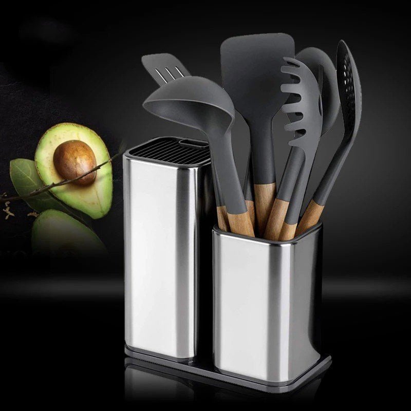 Stainless Steel Kitchen Knife Holder Organizer with Utensil Storage - Multifunctional Countertop Cutlery Rack - Hippopotamus Barn