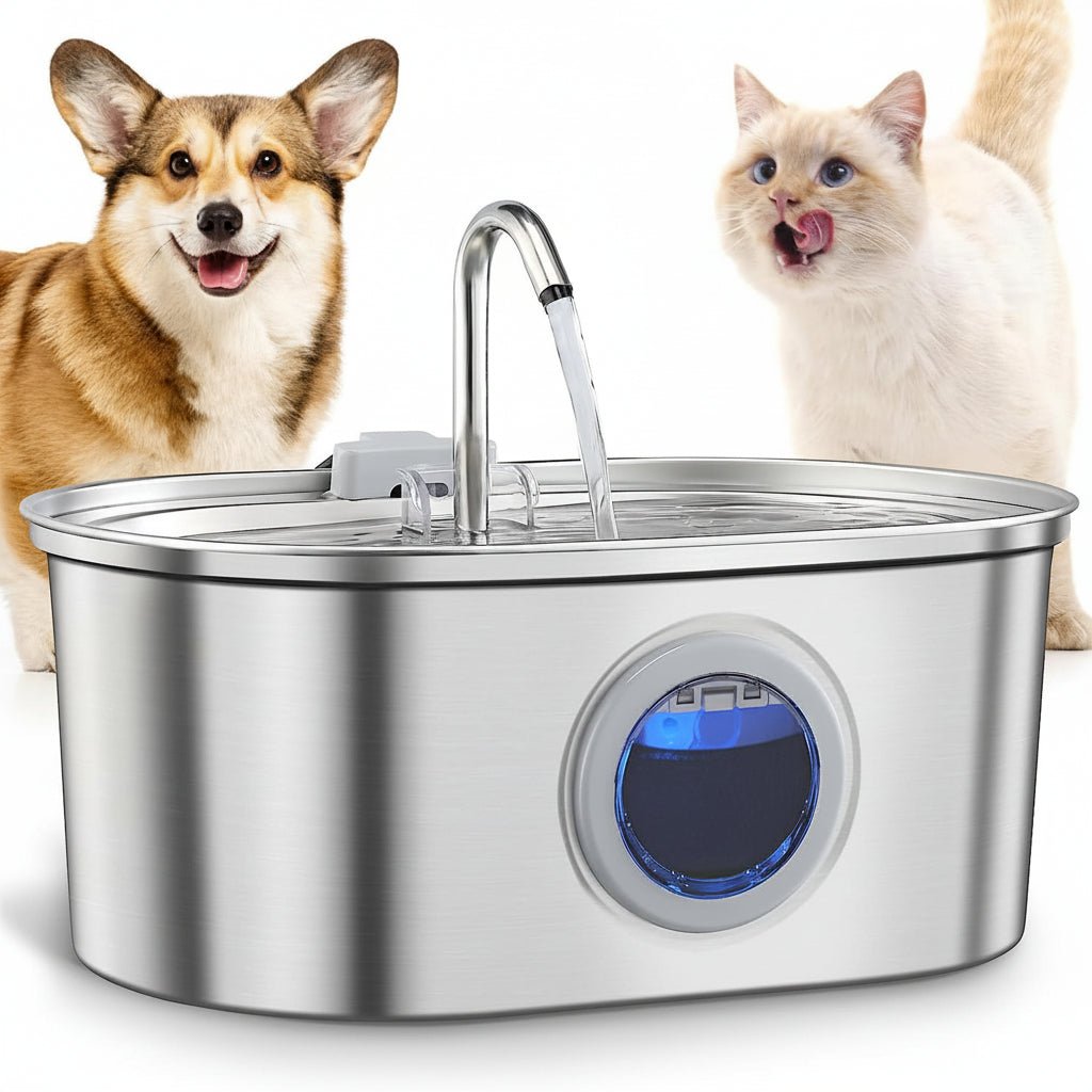 Stainless Steel Pet Water Fountain – Silent Pump, Multi - Standard Adapters, Pet Water Dispenser - Hippopotamus Barn