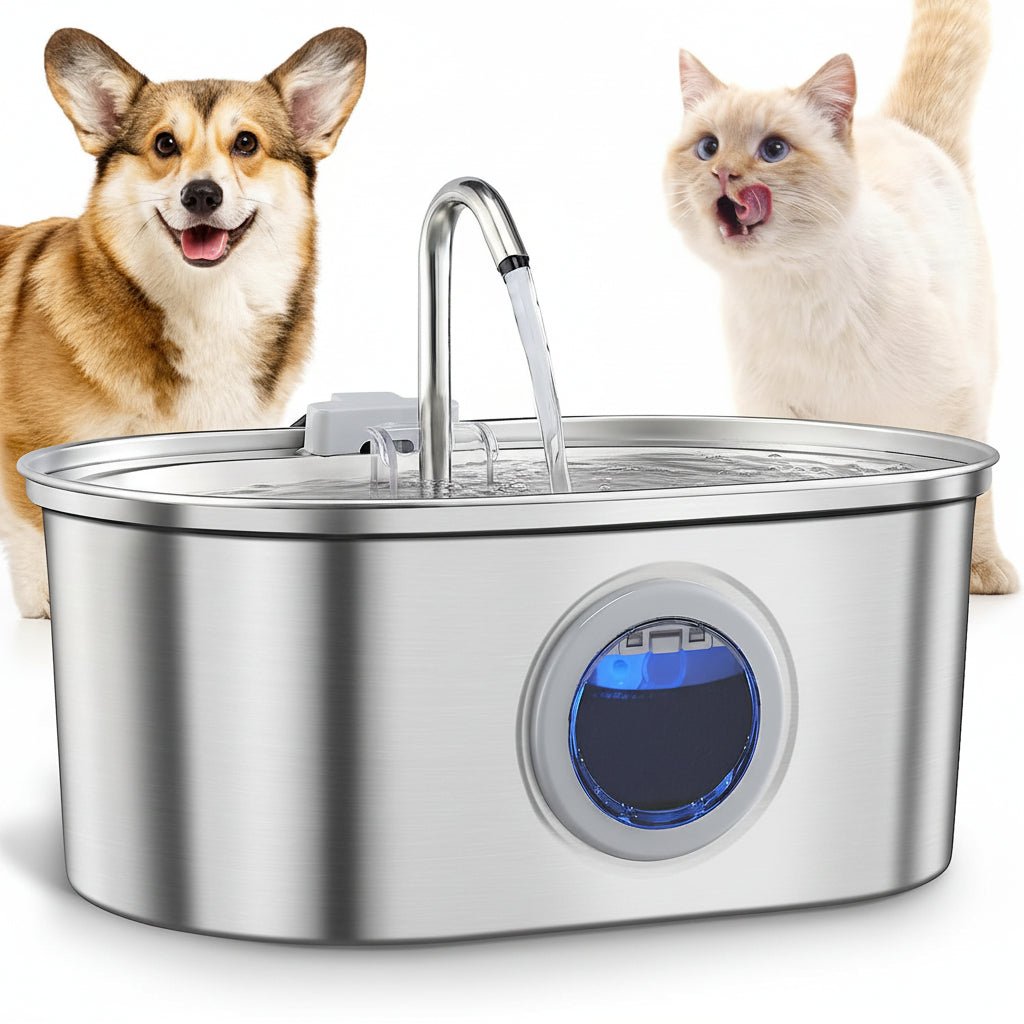 Stainless Steel Pet Water Fountain – Silent Pump, Multi - Standard Adapters, Pet Water Dispenser - Hippopotamus Barn