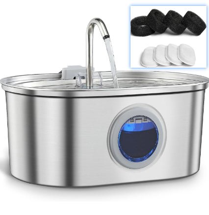 Stainless Steel Pet Water Fountain – Silent Pump, Multi - Standard Adapters, Pet Water Dispenser - Hippopotamus Barn