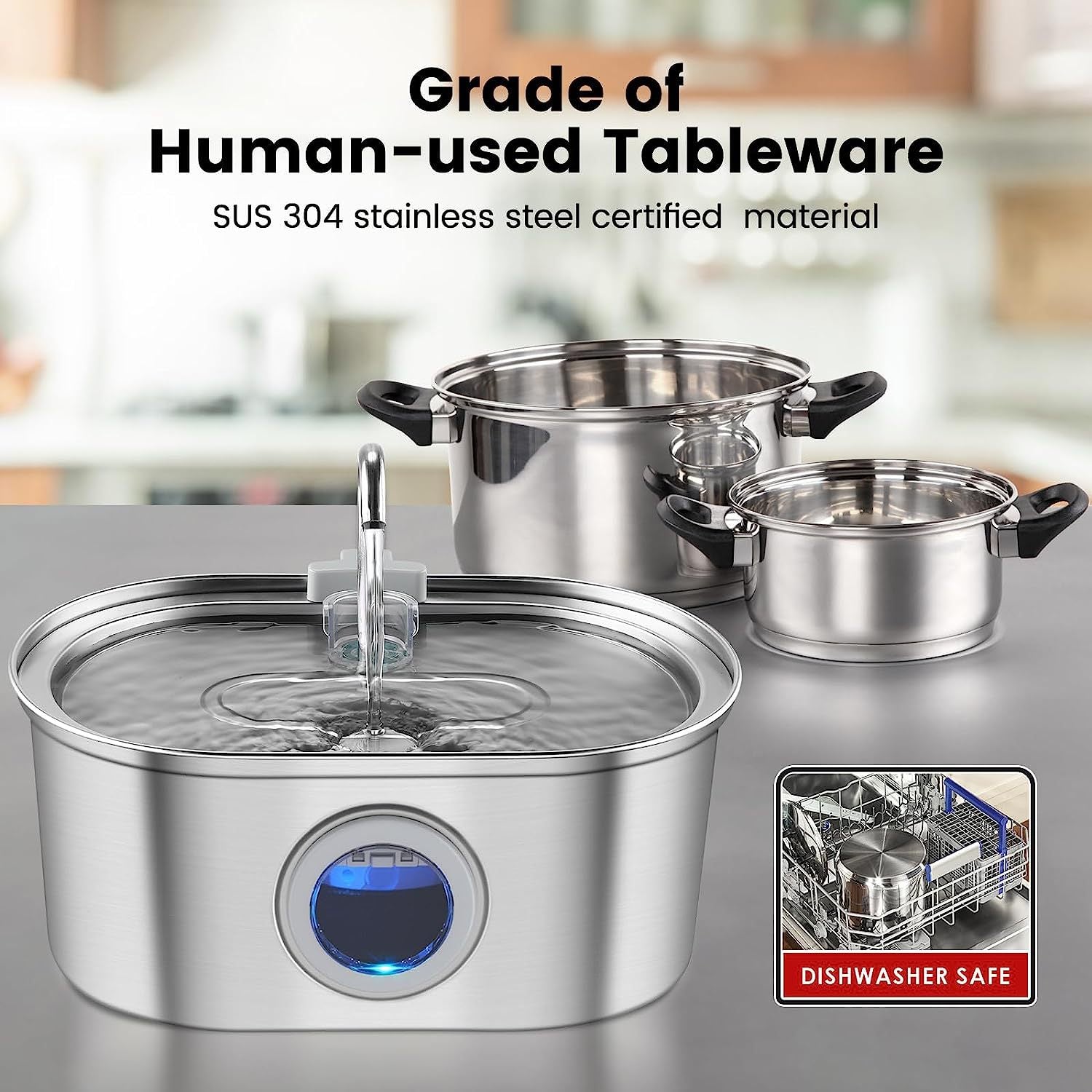 Stainless Steel Pet Water Fountain – Silent Pump, Multi - Standard Adapters, Pet Water Dispenser - Hippopotamus Barn