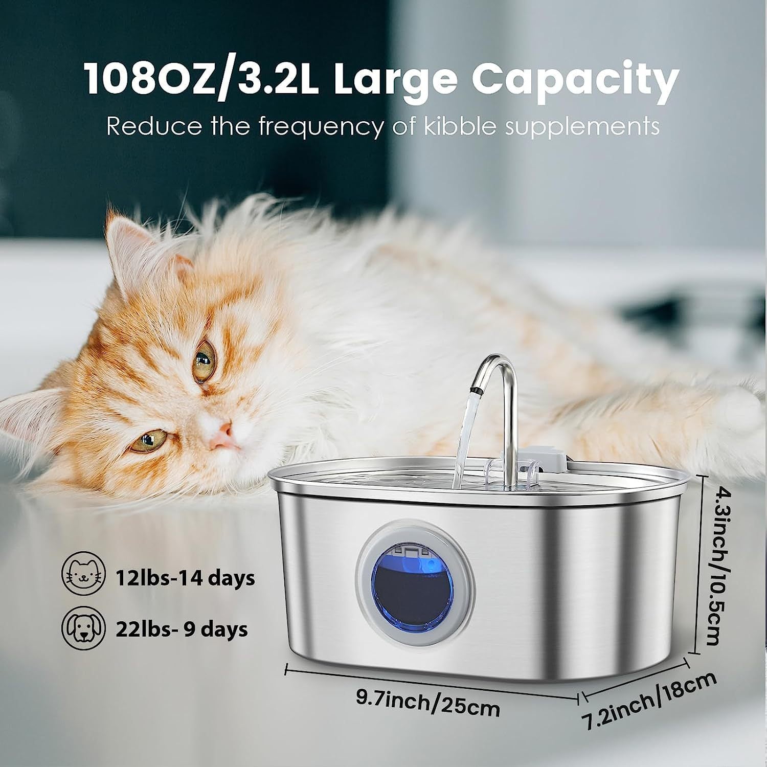 Stainless Steel Pet Water Fountain – Silent Pump, Multi - Standard Adapters, Pet Water Dispenser - Hippopotamus Barn