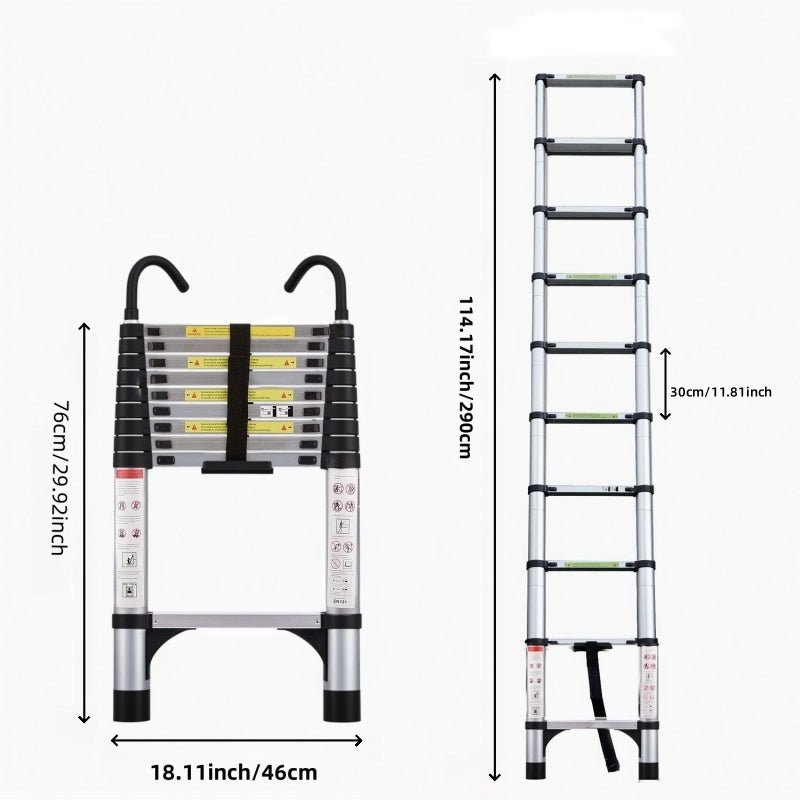 Telescopic Ladder Aluminum - 9.5 ft Adjustable Extension Ladder Portable Compact Storage - Hippopotamus Barn