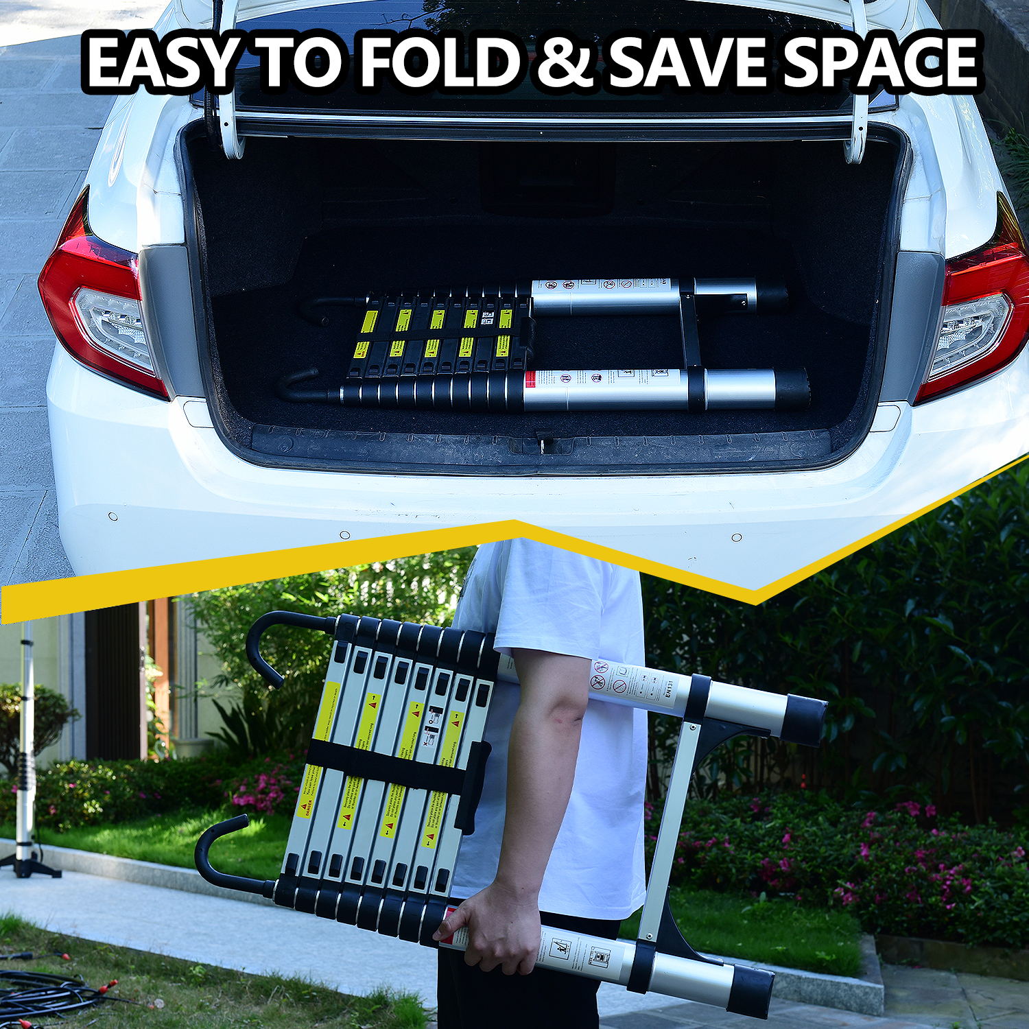 Telescopic Ladder Aluminum - 9.5 ft Adjustable Extension Ladder Portable Compact Storage - Hippopotamus Barn