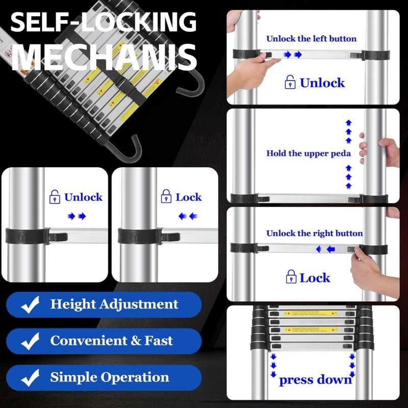 Telescopic Ladder Aluminum - 9.5 ft Adjustable Extension Ladder Portable Compact Storage - Hippopotamus Barn