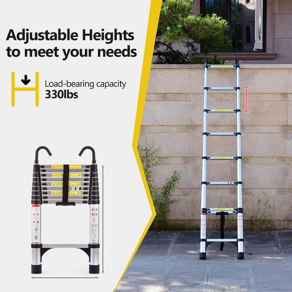 Telescopic Ladder Aluminum - 9.5 ft Adjustable Extension Ladder Portable Compact Storage - Hippopotamus Barn