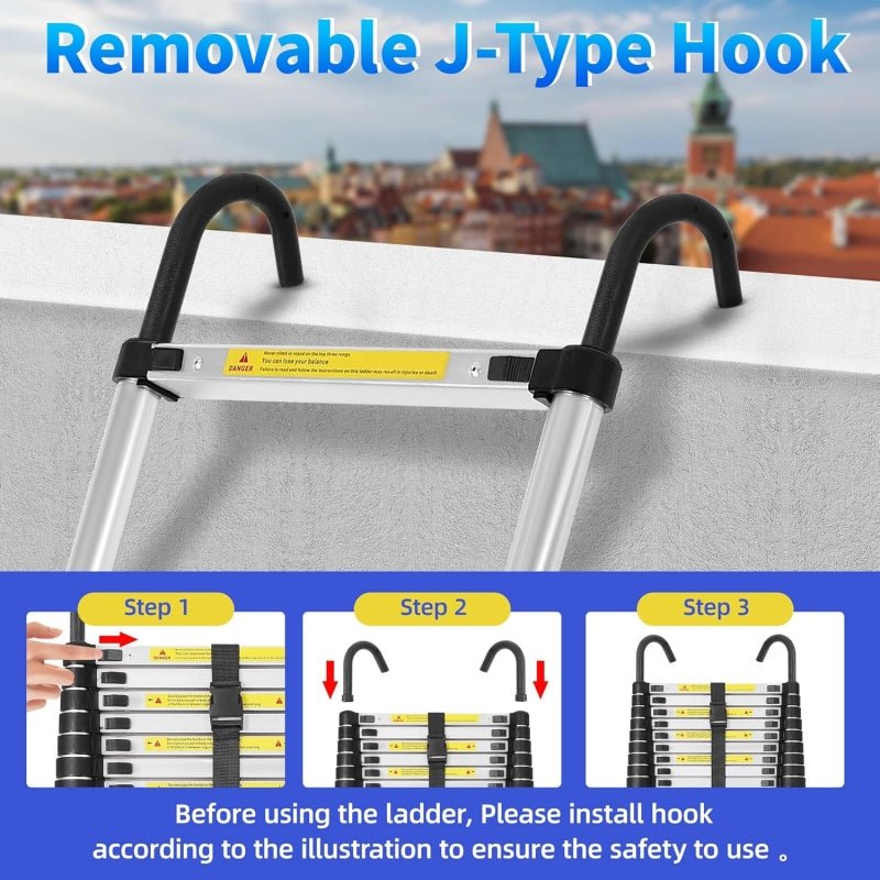 Telescopic Ladder Aluminum - 9.5 ft Adjustable Extension Ladder Portable Compact Storage - Hippopotamus Barn