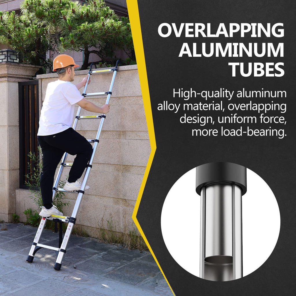 Telescopic Ladder Aluminum - 9.5 ft Adjustable Extension Ladder Portable Compact Storage - Hippopotamus Barn