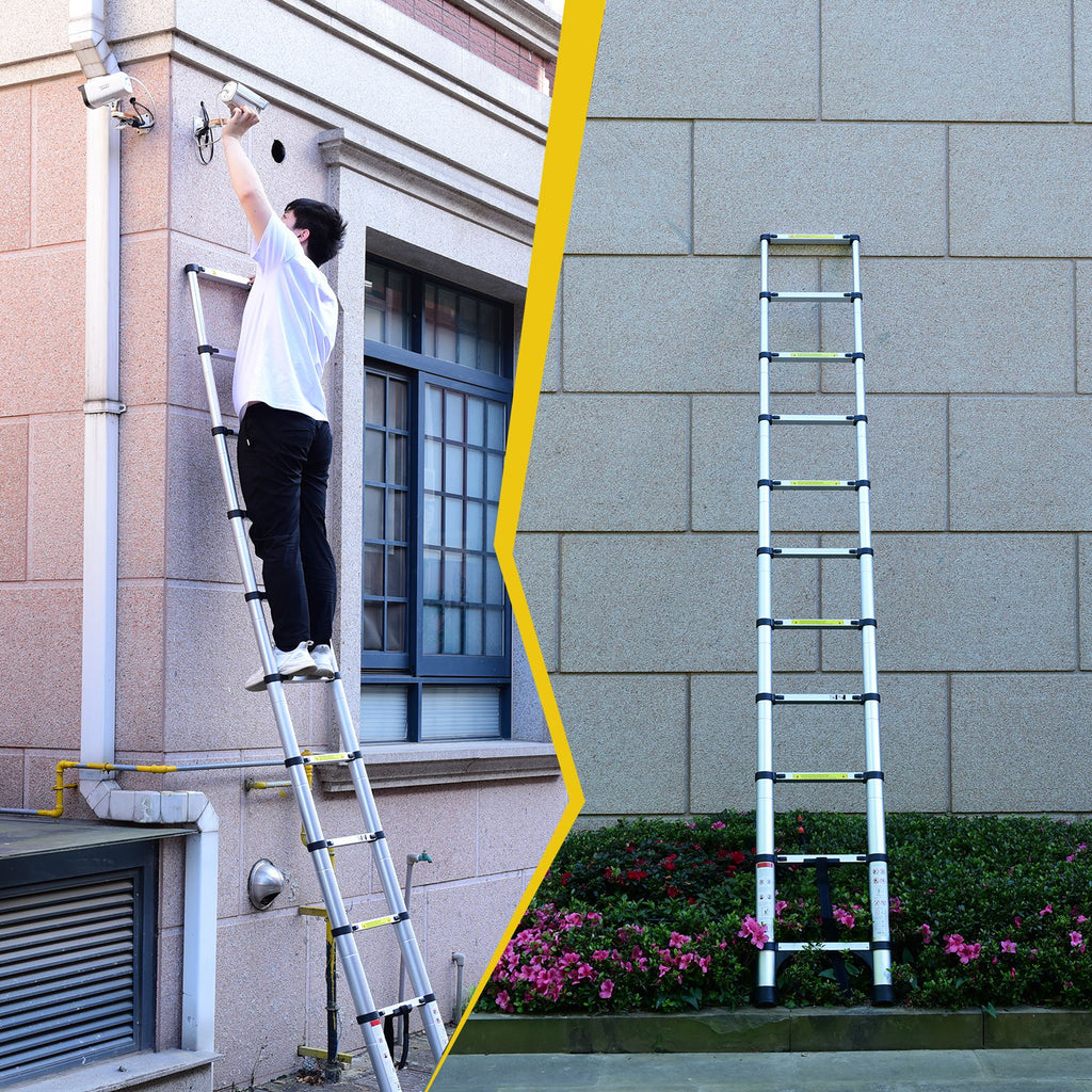 Telescopic Ladder Aluminum - 9.5 ft Adjustable Extension Ladder Portable Compact Storage - Hippopotamus Barn