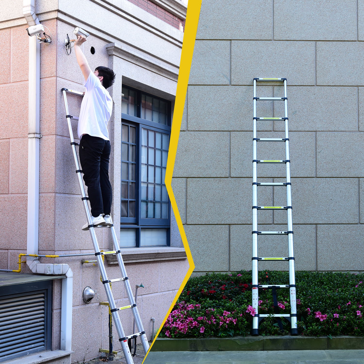 Telescopic Ladder Aluminum - 9.5 ft Adjustable Extension Ladder Portable Compact Storage - Hippopotamus Barn