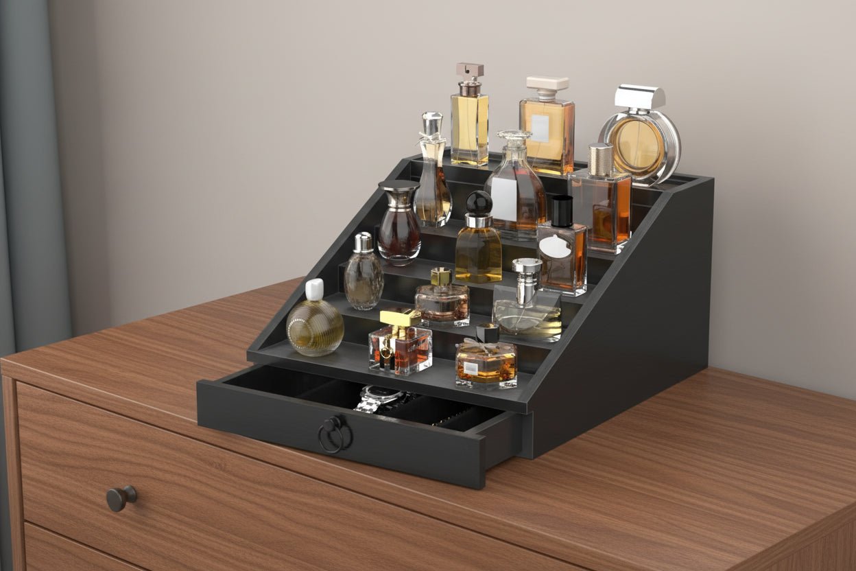 upcessory Wooden Cologne Organizer for Men | 5 - Tier Luxury Display with Hidden Storage - Hippopotamus Barn
