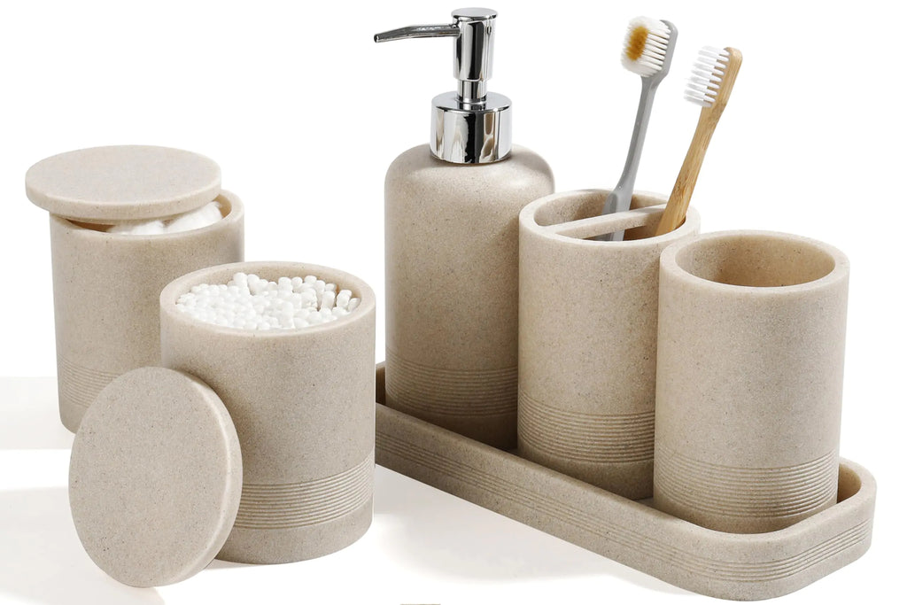 6-Piece Stone-Textured Bathroom Accessory Set | Modern Polyresin Vanity Organizer (Beige)
