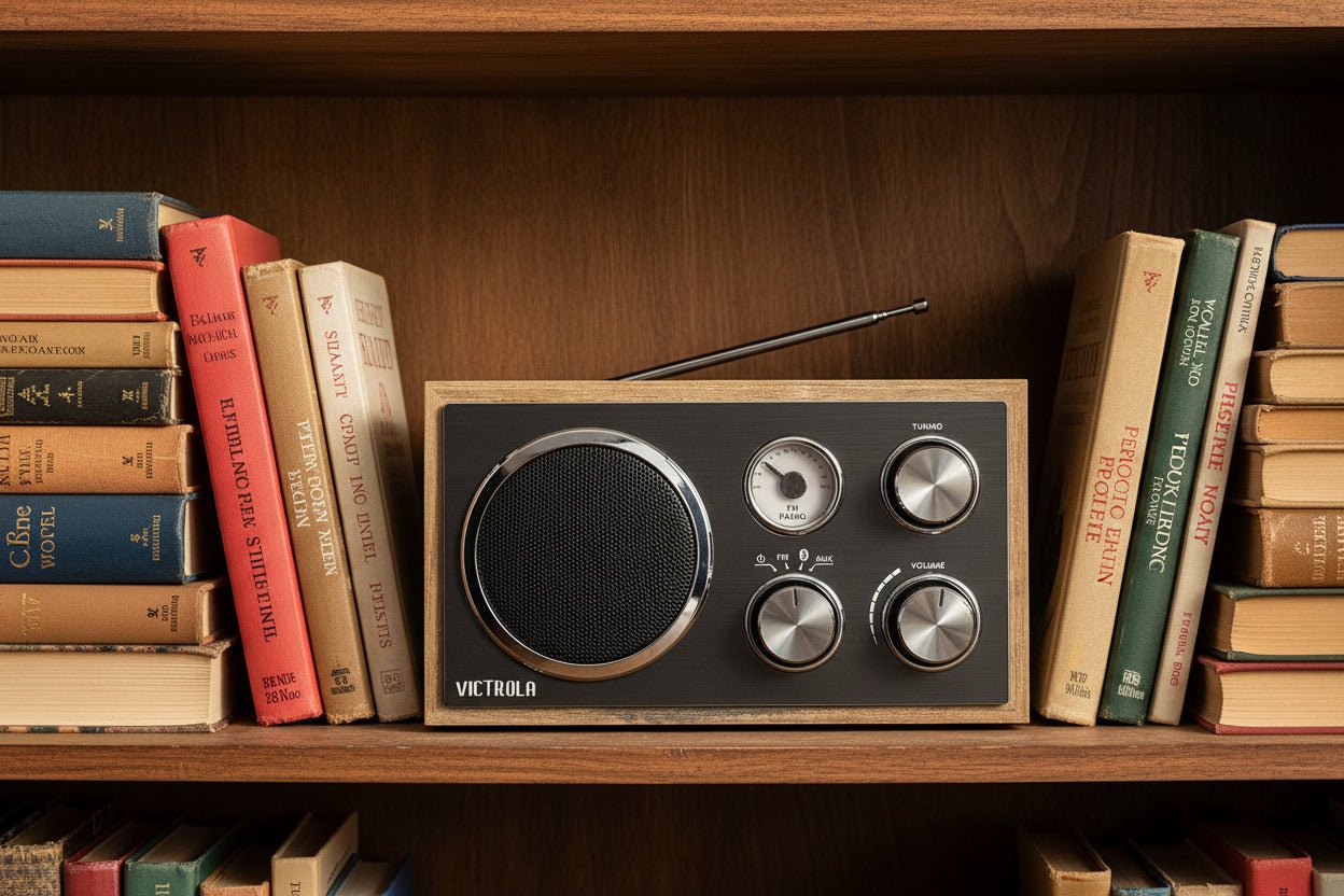 Victrola Wooden Desktop FM Radio with Bluetooth | Farmhouse Shiplap Grey - Hippopotamus Barn