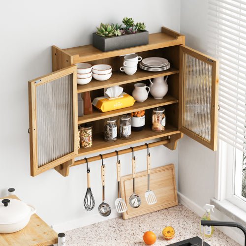 Wall Mounted Cabinet with Glass Doors - 3 - Tier Storage for Bathroom & Kitchen - Hippopotamus Barn