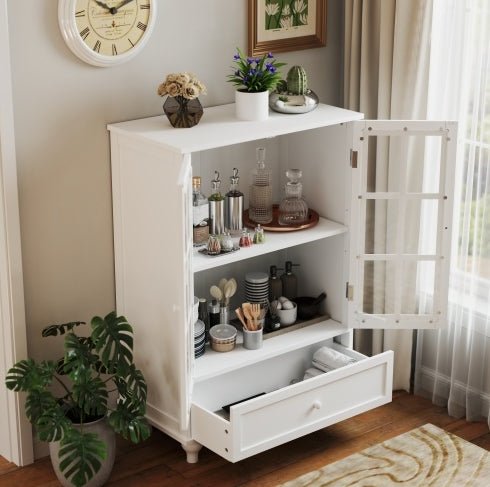 White Buffet Cabinet with Glass Doors - Modern Storage Sideboard for Dining Room - Hippopotamus Barn