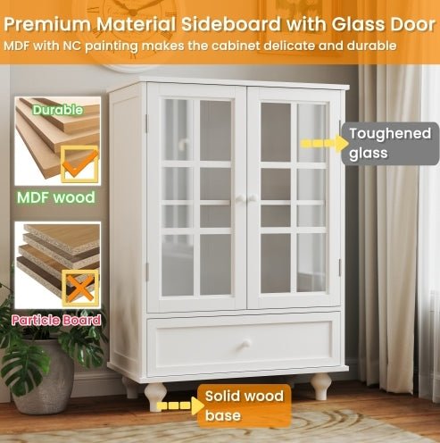 White Buffet Cabinet with Glass Doors - Modern Storage Sideboard for Dining Room - Hippopotamus Barn