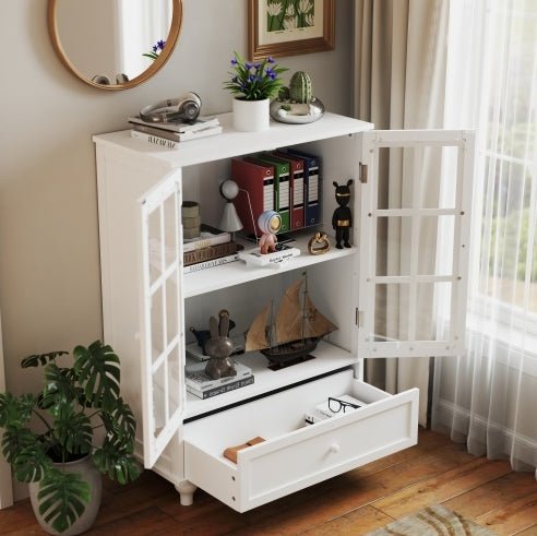 White Buffet Cabinet with Glass Doors - Modern Storage Sideboard for Dining Room - Hippopotamus Barn