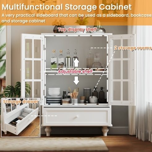 White Buffet Cabinet with Glass Doors - Modern Storage Sideboard for Dining Room - Hippopotamus Barn