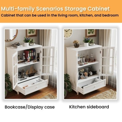 White Buffet Cabinet with Glass Doors - Modern Storage Sideboard for Dining Room - Hippopotamus Barn