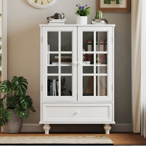 White Buffet Cabinet with Glass Doors - Modern Storage Sideboard for Dining Room - Hippopotamus Barn