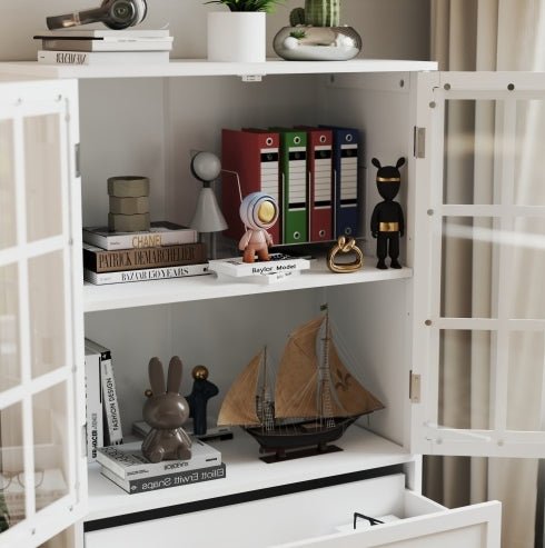 White Buffet Cabinet with Glass Doors - Modern Storage Sideboard for Dining Room - Hippopotamus Barn