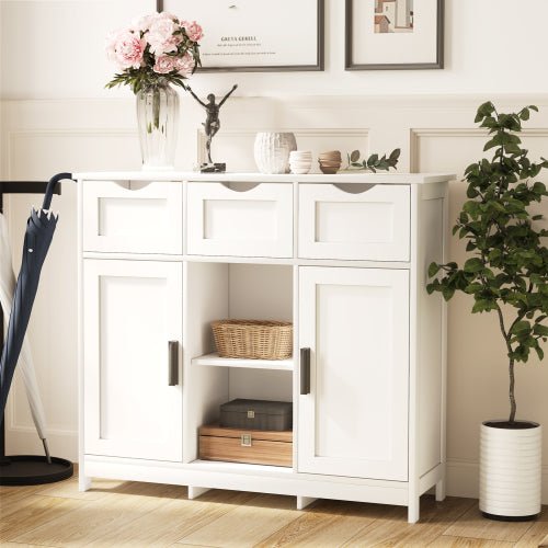 White Storage Cabinet with 3 Drawers and Shelves - Wooden Accent Cabinet for Living Room - Hippopotamus Barn