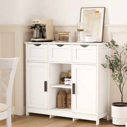 White Storage Cabinet with 3 Drawers and Shelves - Wooden Accent Cabinet for Living Room - Hippopotamus Barn