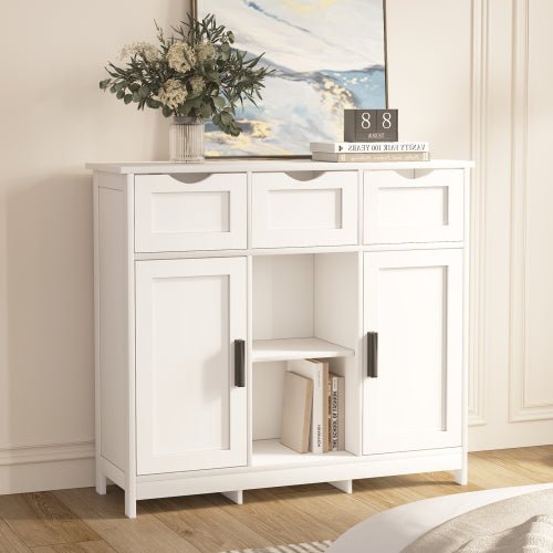White Storage Cabinet with 3 Drawers and Shelves - Wooden Accent Cabinet for Living Room - Hippopotamus Barn