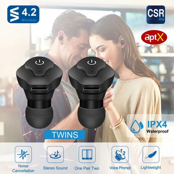 Wireless Earbuds V4.2 with aptX - IP44 Waterproof TWS with Noise Canceling for Business - Hippopotamus Barn